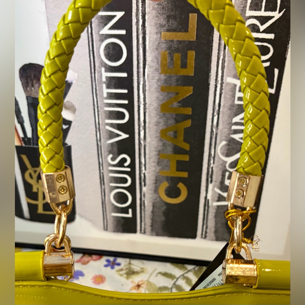 BEBE Lime Green Patent Satchel/Crossbody w/Braided Top Handle/Adjustable Strap - Picture 14 of 14